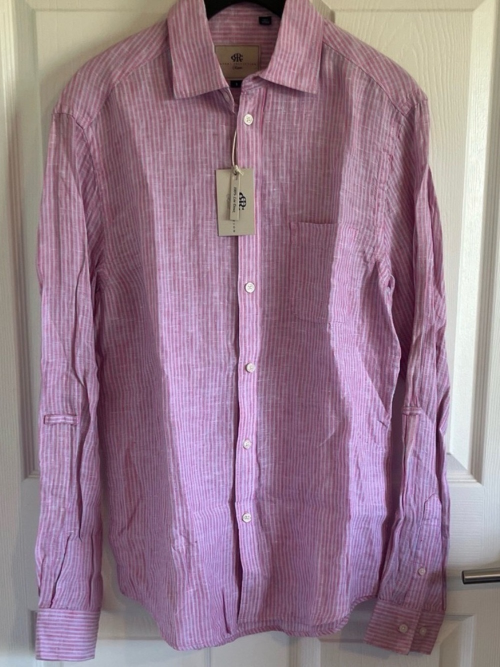 Report Collection Men’s Pink and Blue 100% Linen Shirt Coastal Resort Old Money